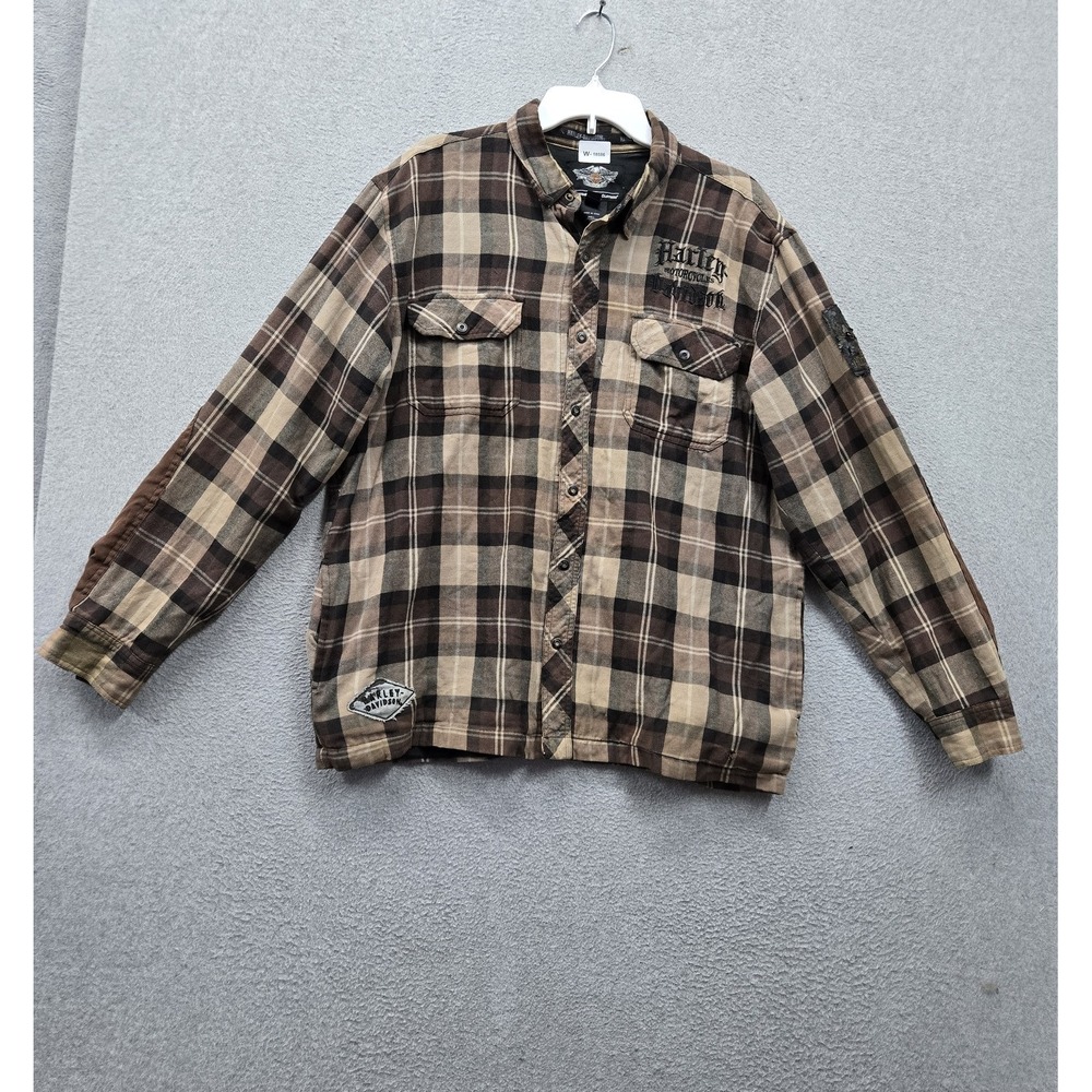 Harley-Davidson Men Jacket L Brown Plaid Shacket Flannel Shirt Skull Logo Snap